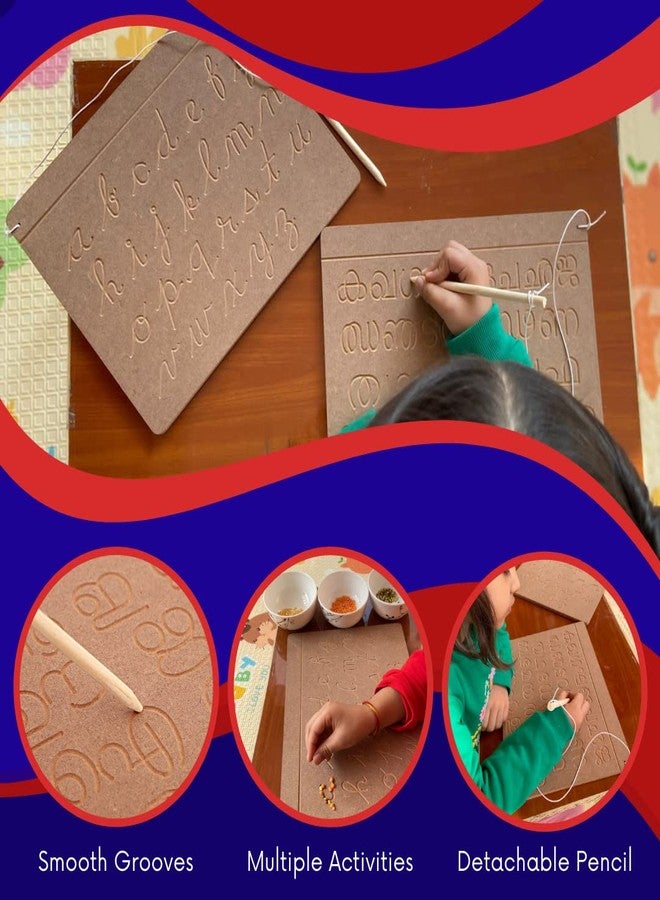 CRYA Malayalam Educational Tracing Wooden Board for Kids | Handwriting, Counting and Learning Montessori Slates | Reversible Set of 2 Puzzles (Malayalam, Cursive English and Numbers) - Image 2